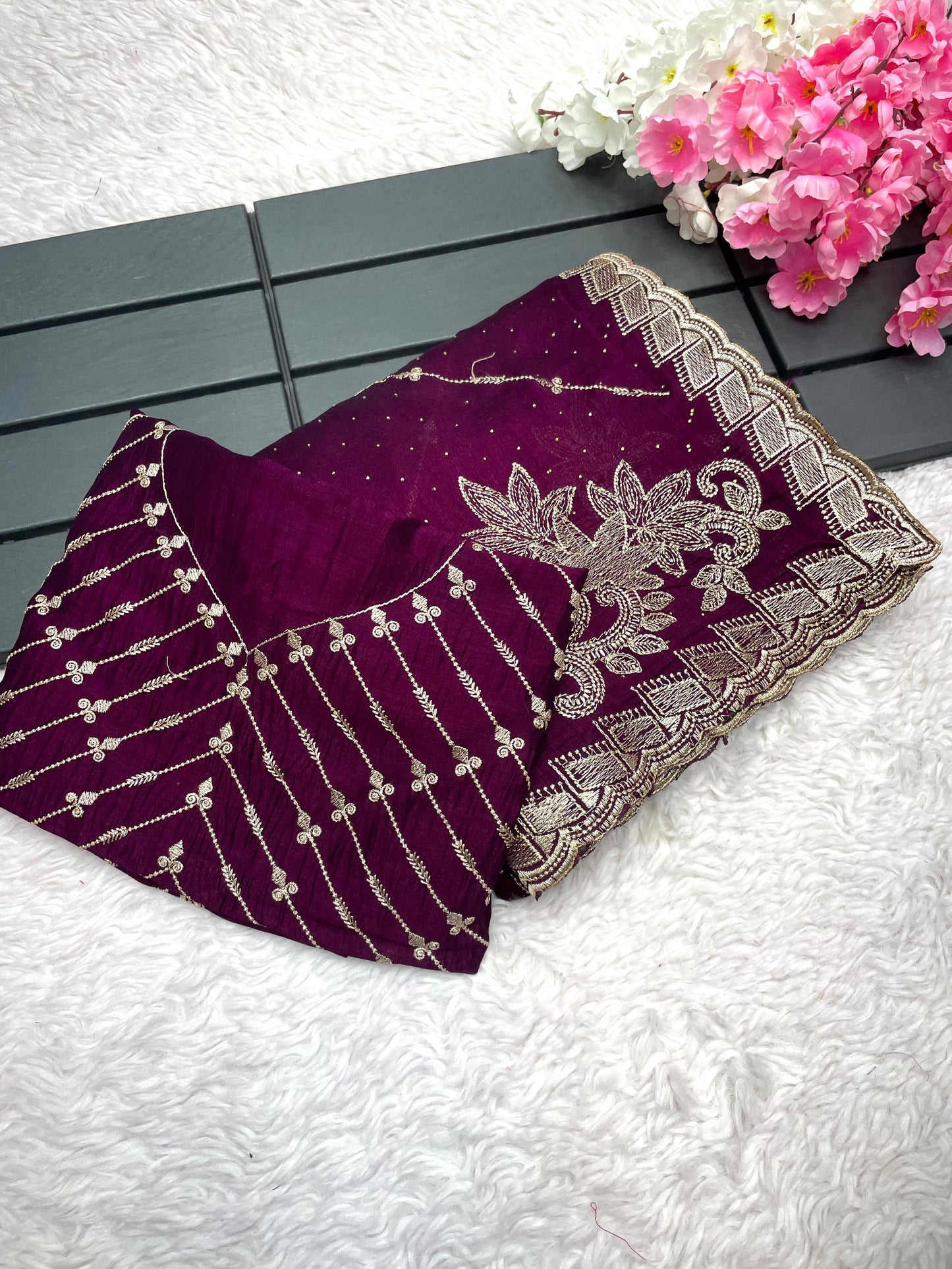 Vichitra Blooming Embroidered Saree with Zari Work & Siroski Stones