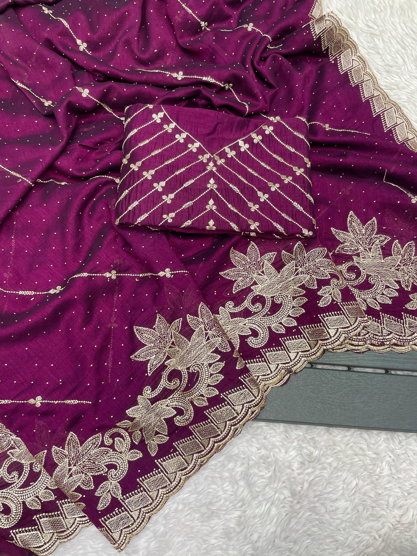 Vichitra Blooming Embroidered Saree with Zari Work & Siroski Stones